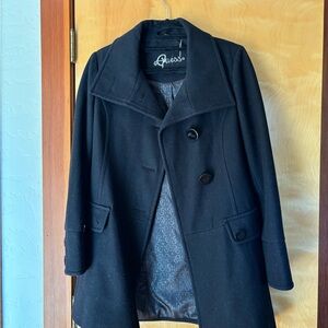 Guess Wool Blend Black Lined Pea Coat Gold Embroidery Emblem • Medium